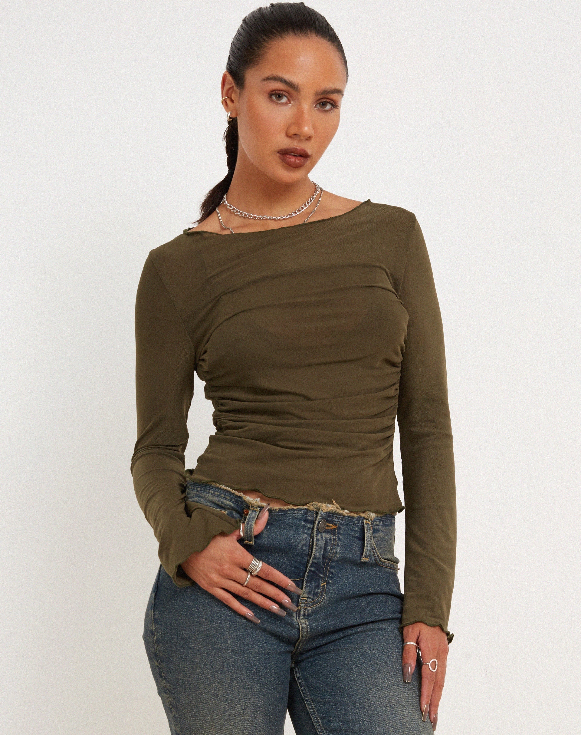 Bild von Armina Mesh Long Sleeve Top in Green Leaf