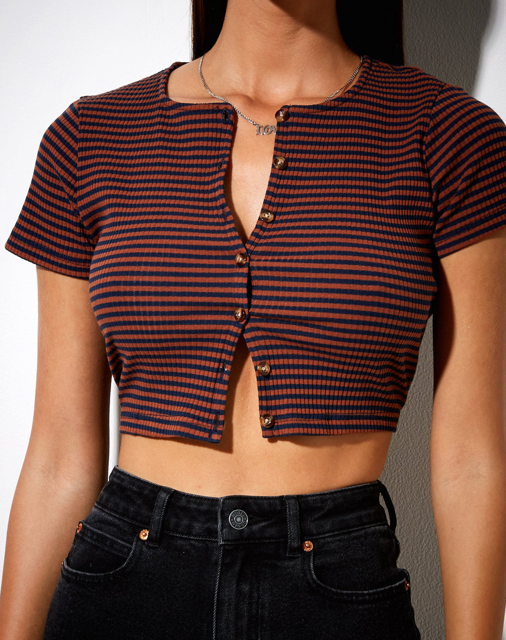 Avia Crop Top in Rippe Braun und Navy