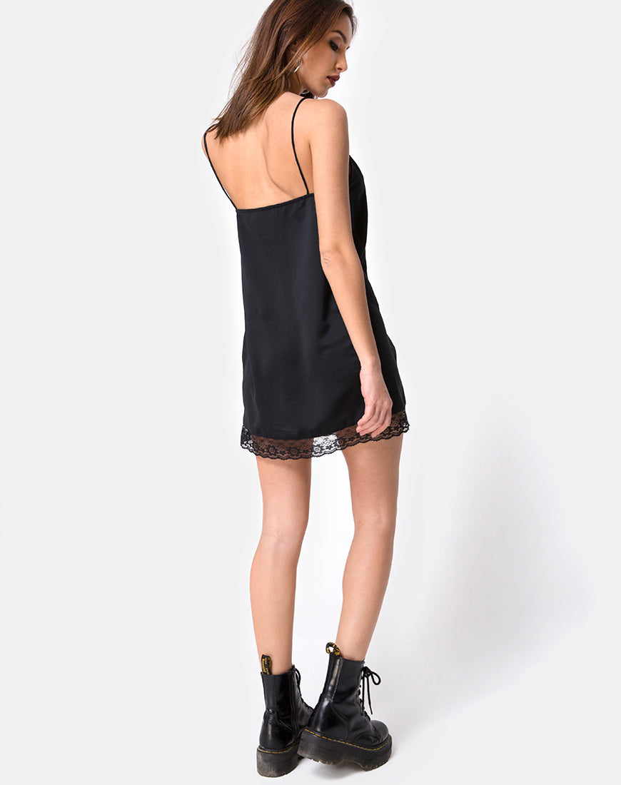 Image of Balace Slip Dress aus schwarzem Satin mit schwarzer Spitze