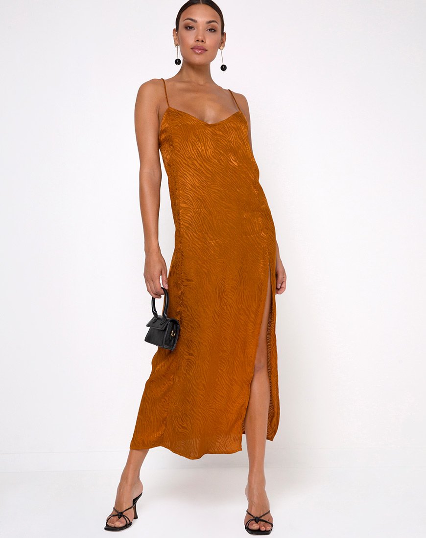 Batis Maxikleid aus Satin Zebra Golden Coral