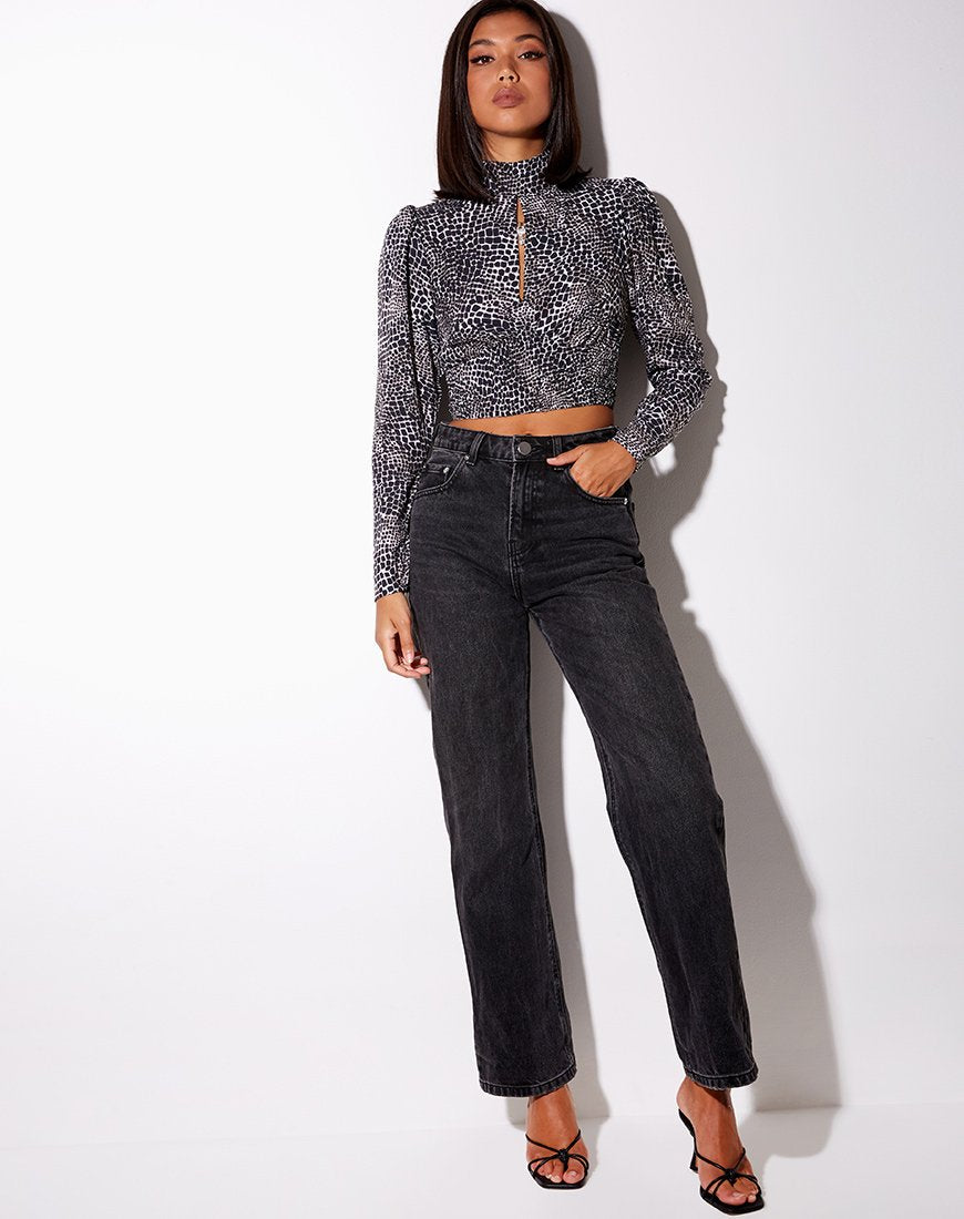 Image of Belovy Langarm-Top aus abstraktem Kroko Schwarz