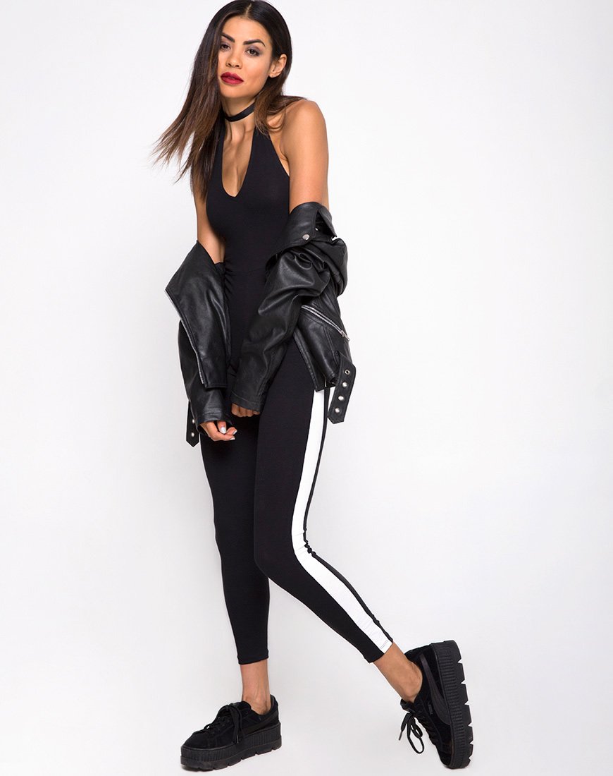 Bild von Beripe Plunge Unitard in Schwarz mit weißen Streifen
