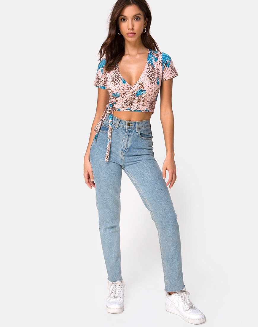 Image of Bilen Crop Top in Dschungelblume Blau und Creme
