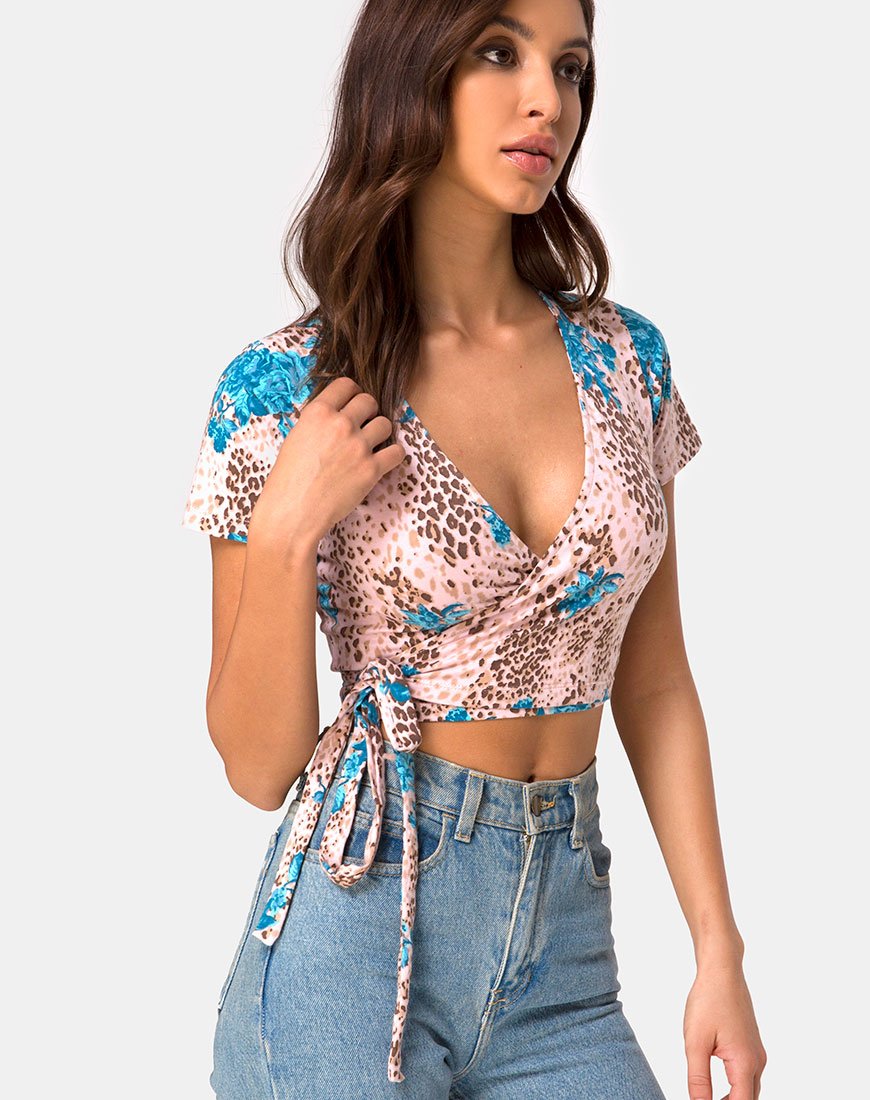 Bilen Crop Top in Dschungelblume Blau und Creme