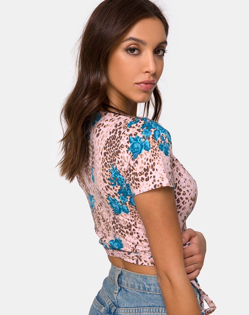 Bilen Crop Top in Dschungelblume Blau und Creme