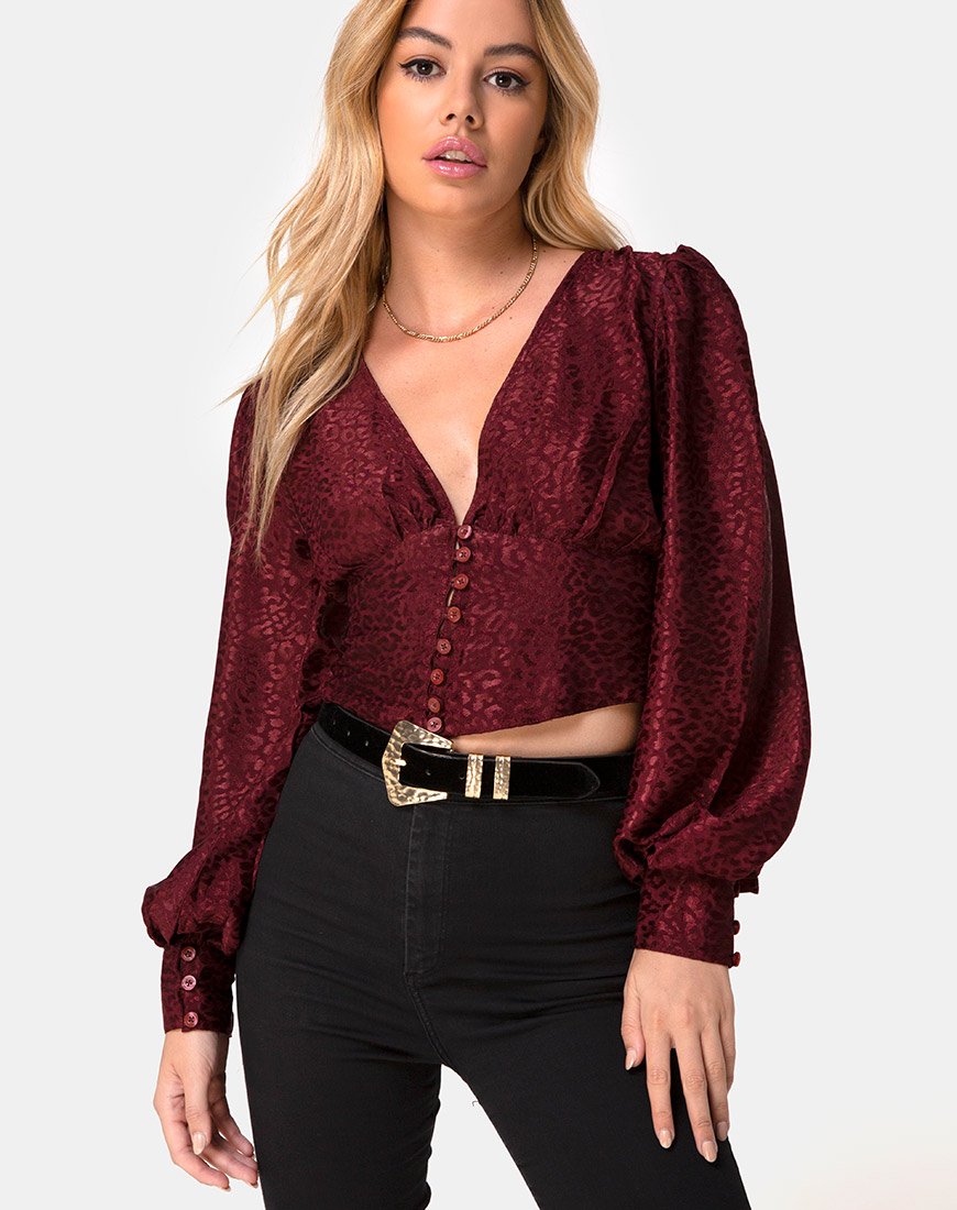 Bina Crop Top aus Satin Cheetah Burgundy