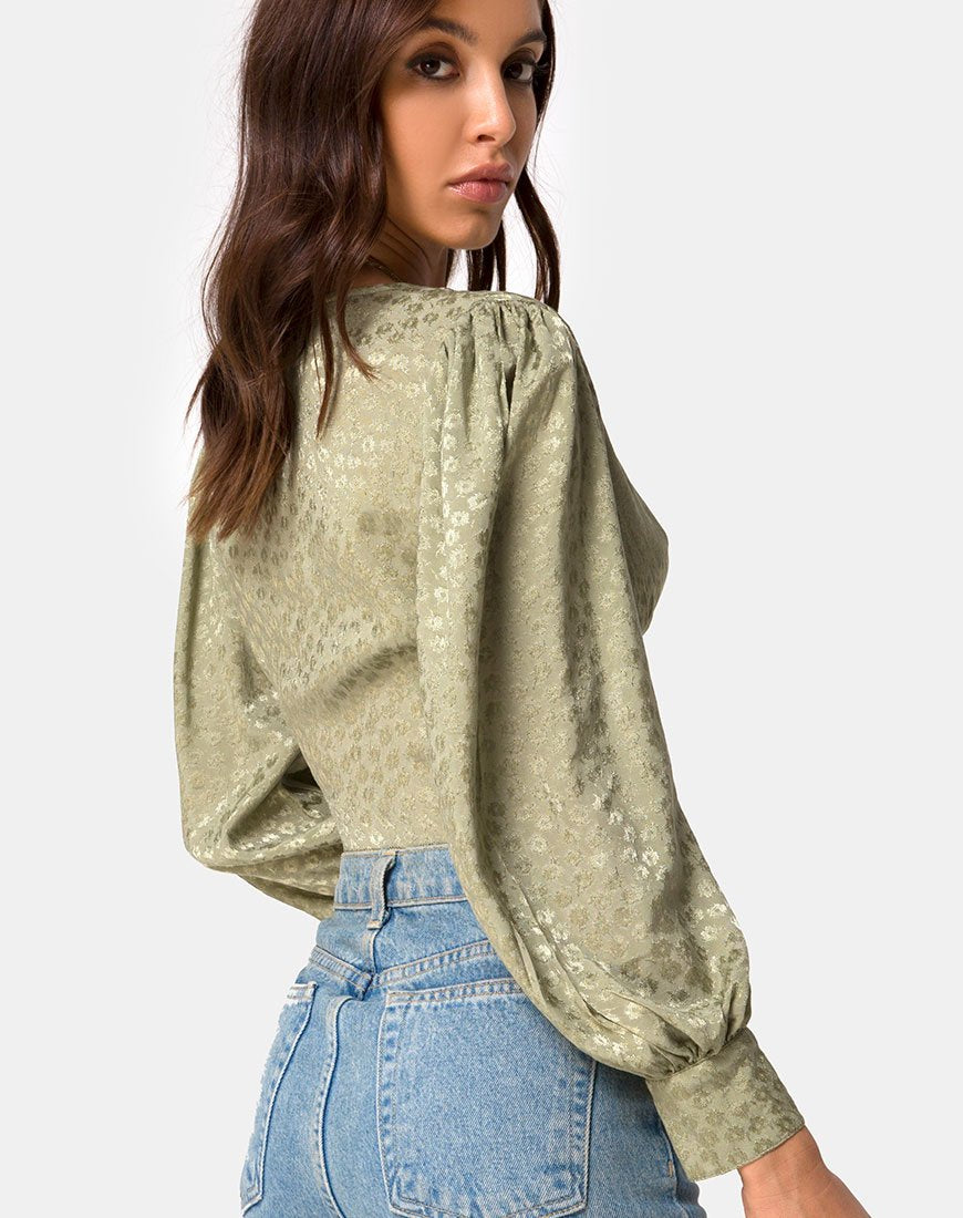 Bina Langarm-Top aus Satin Ditsy Rose Sage