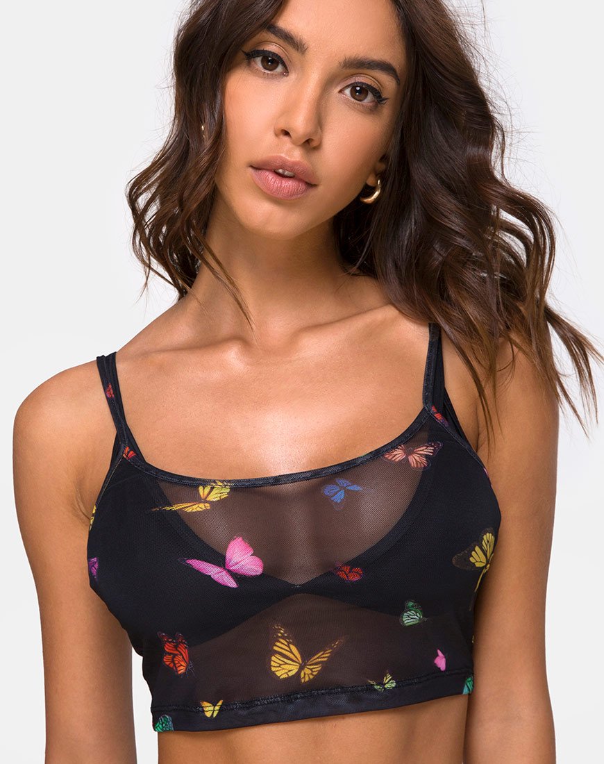 Bliss Crop Top aus Mesh Schwarz Schmetterling