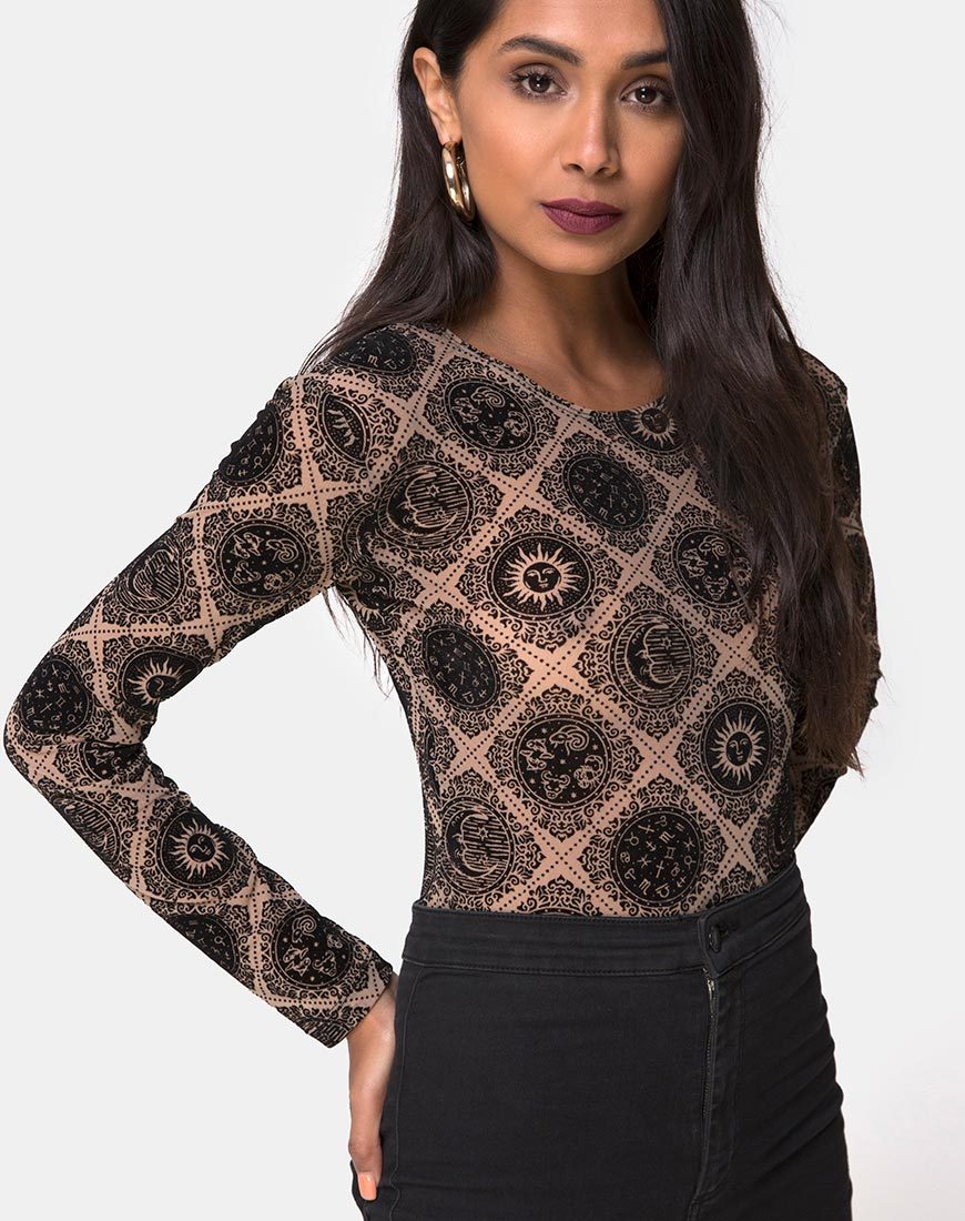 Image of Bonella Mieder Taupe Netz mit schwarzem Zeichen Flock