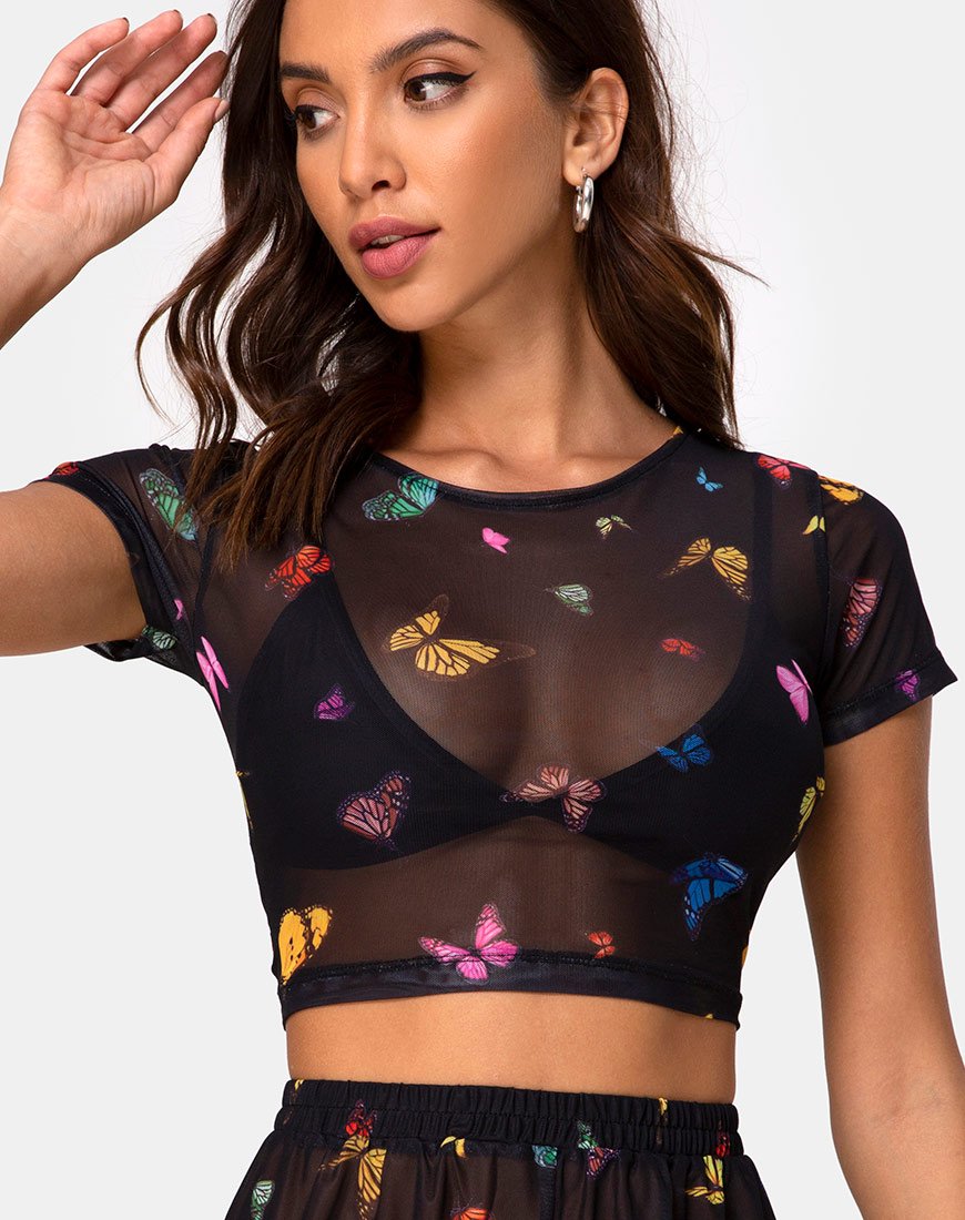 Tiney Crop Top Tee aus Mesh Schwarz Schmetterling