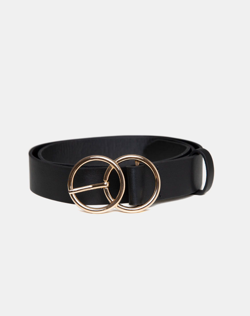 Schwarzer Pu-Gürtel mit goldener O-Ring-Schnalle