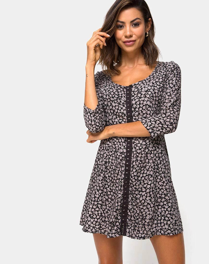 Image of Camisa Swing Kleid in Ditsy Rose Schwarz