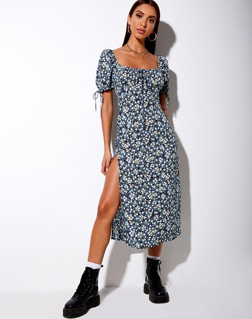 Image of Cello Midikleid aus geblümtem Feld Navy
