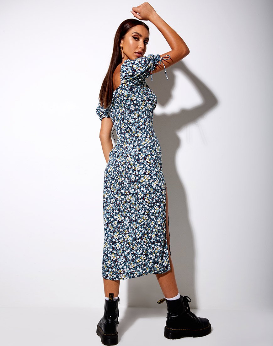Image of Cello Midikleid aus geblümtem Feld Navy
