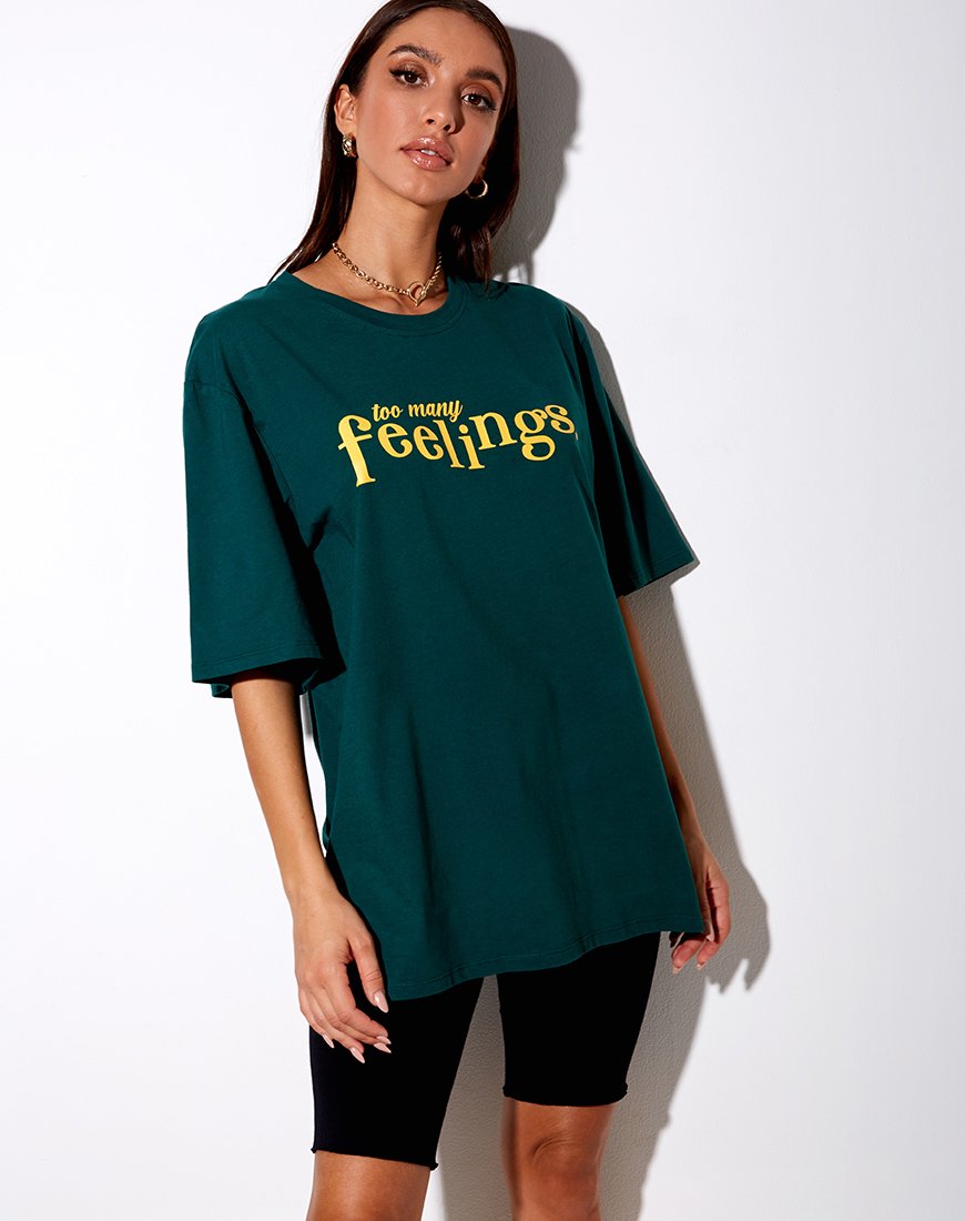 Cocoon Tee in Flaschengrün "Too Many Feelings"