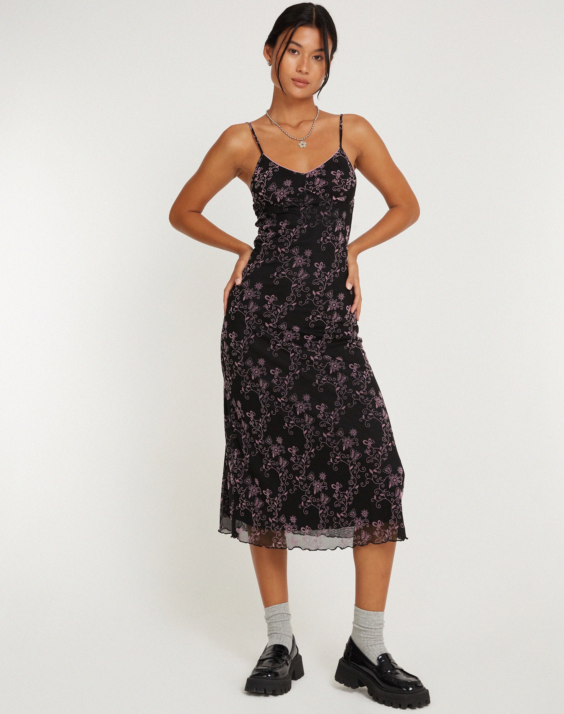 Bild von Cotina Midikleid in Schmetterlingsrankenflock Schwarz und Rosa