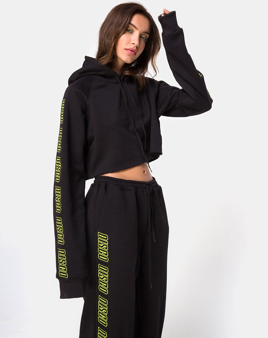 Schwarzer Cropped Hoodie mit Disco-Embro