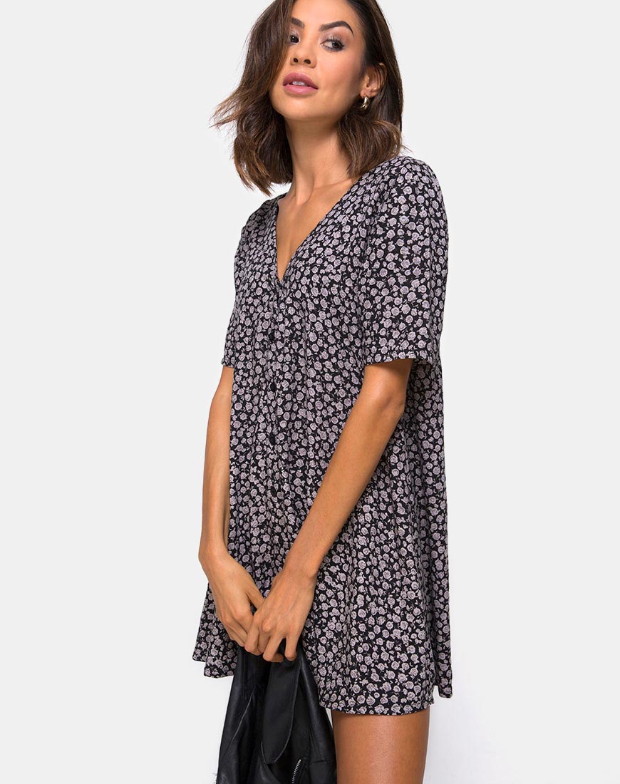 Crosena Swing Kleid in Ditsy Rose Schwarz
