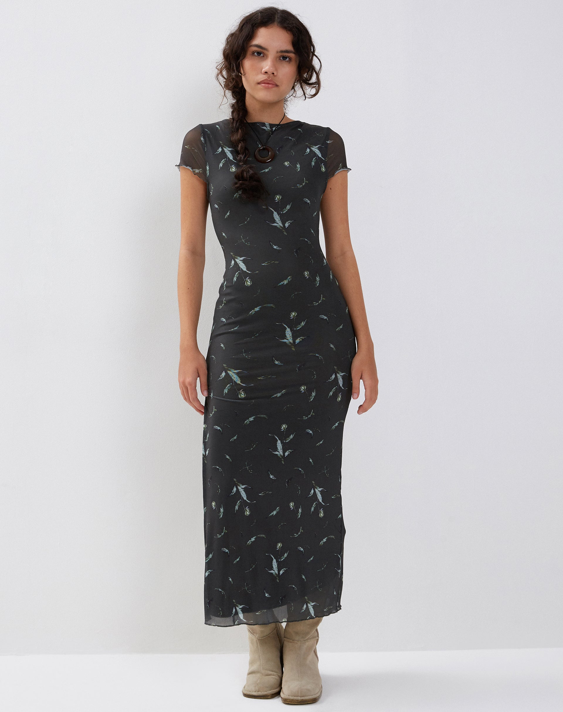 Image of Danari Maxikleid aus Mesh in Khaki Silhouette mit Blumenmuster
