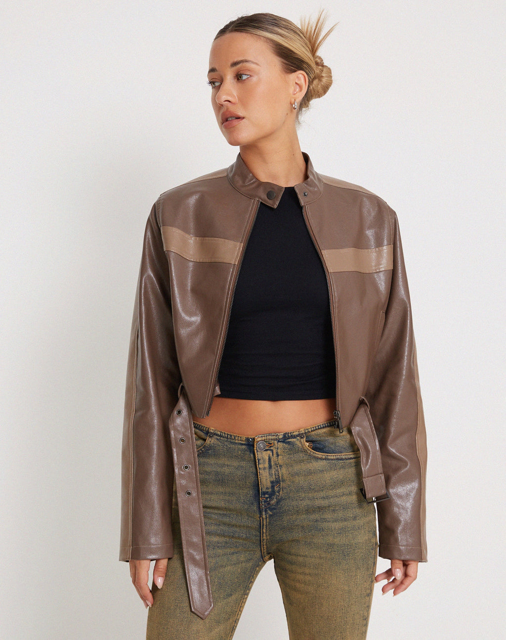 Derby Zip Up Jacke in PU Tonal Braun