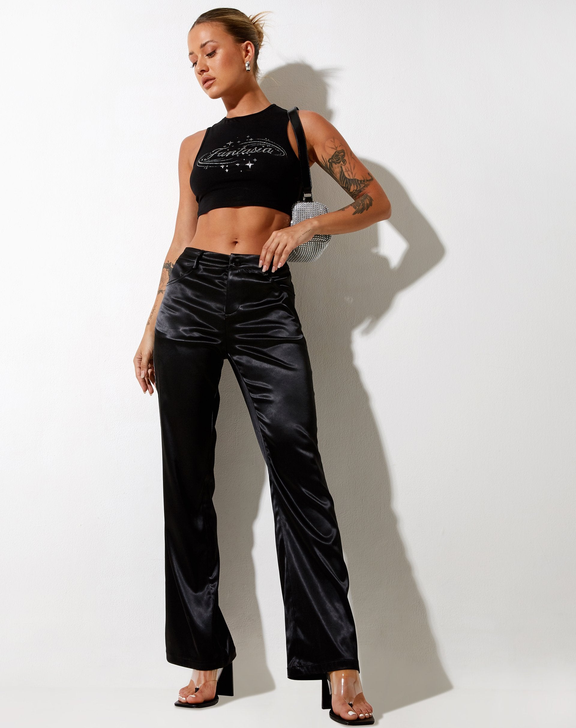 Image of Desta Hose aus Satin Schwarz Fantasia Diamante