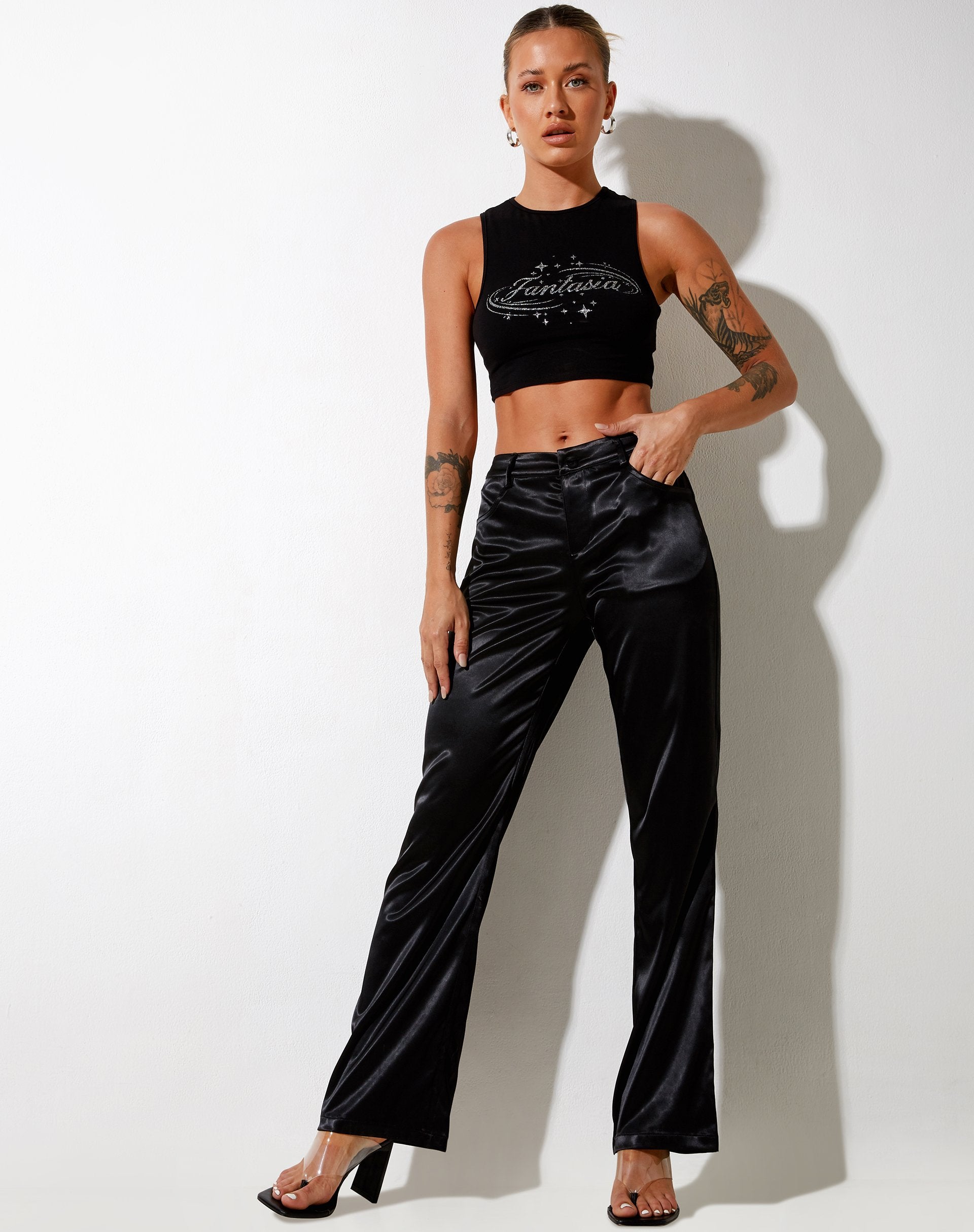 Image of Desta Hose aus Satin Schwarz Fantasia Diamante