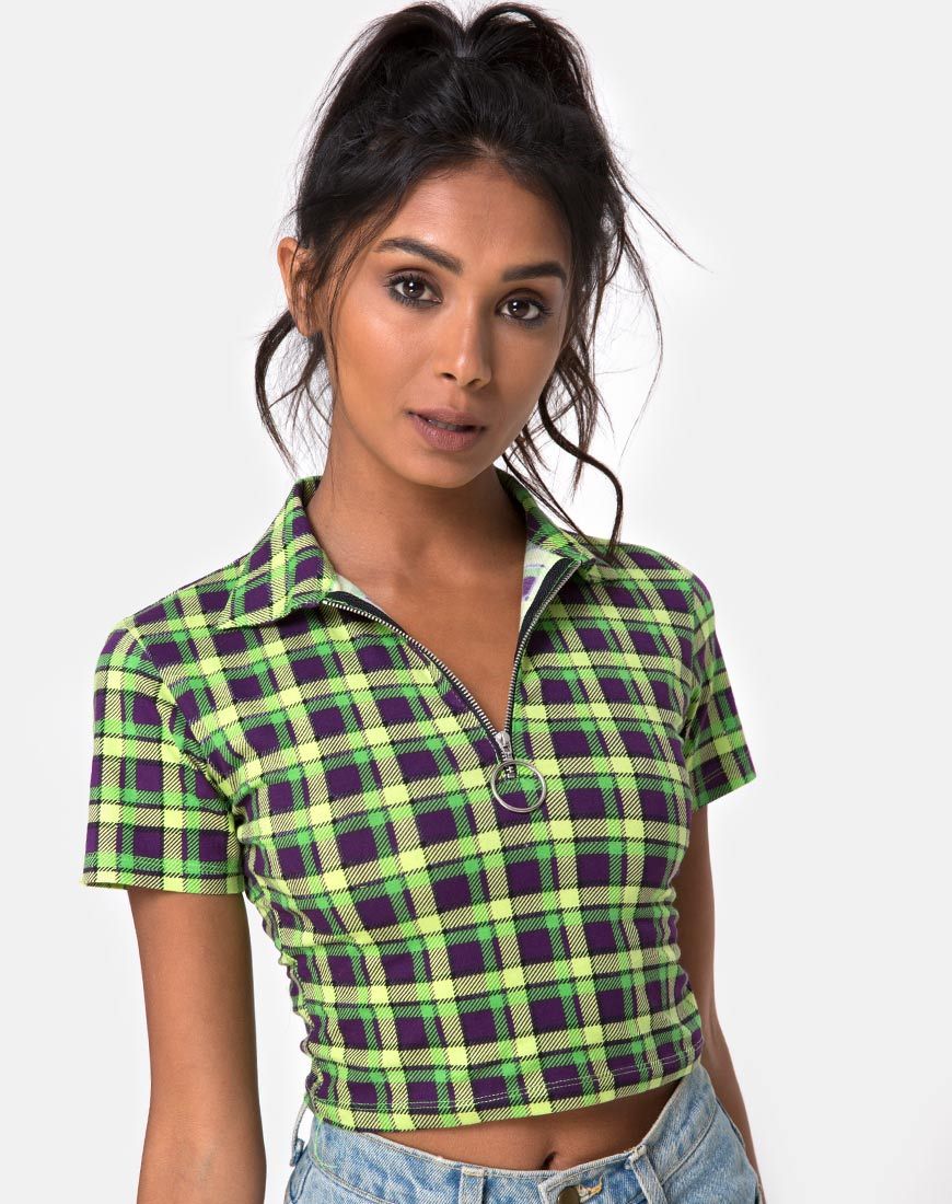 Dhen Crop Top in Grün und Lila Karo