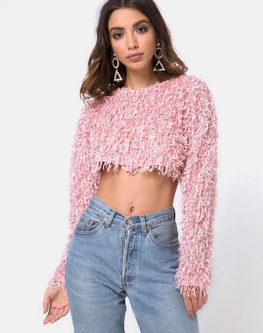 Diabla Crop-Pullover aus Zottelstrick, zuckerrosa
