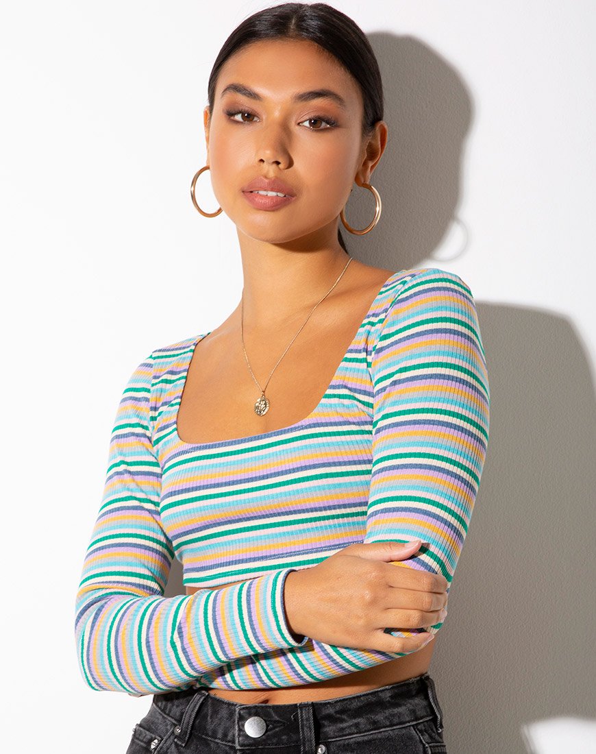 Adea Crop Top in Rippe grün lila und gelb von Motel