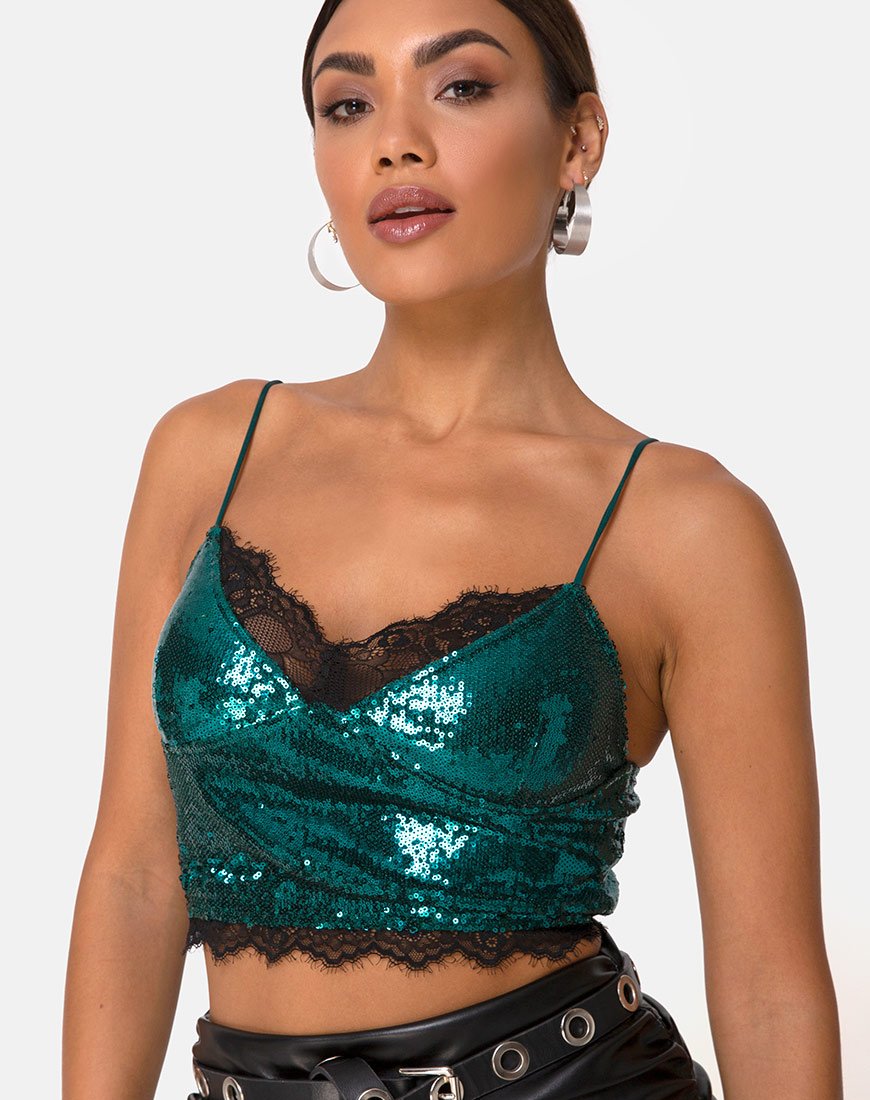 Image of Drilly Top in Teal Mini Pailletten mit schwarzer Spitze