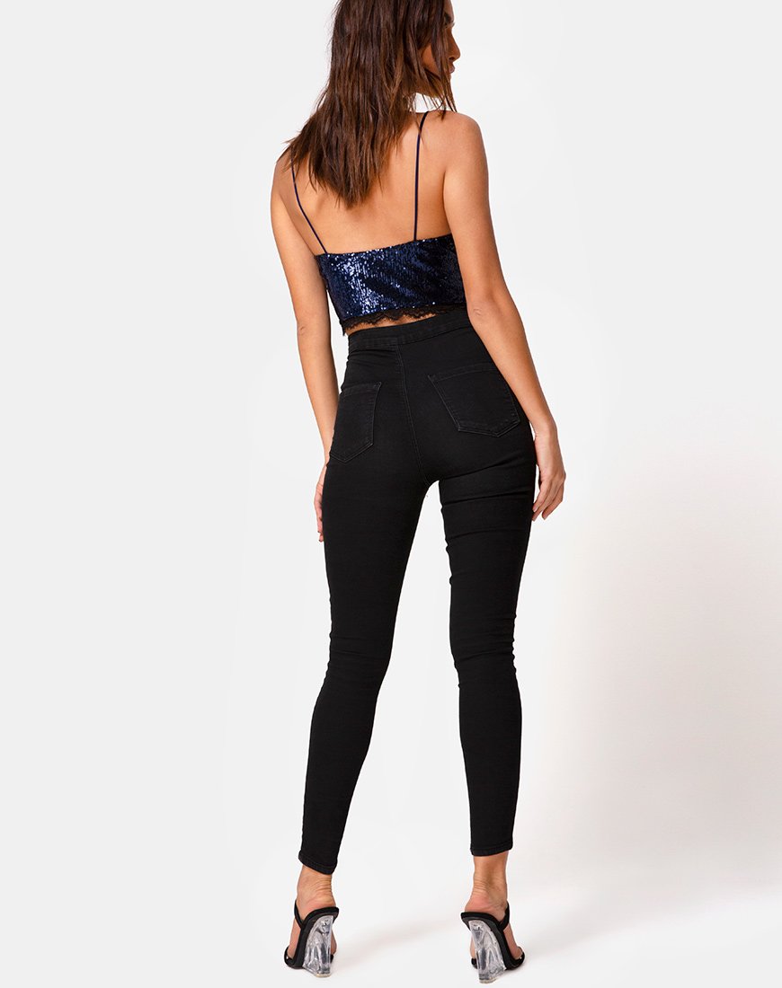 Image of Drilly Crop Top in Midnight Mini Pailletten mit schwarzer Spitze