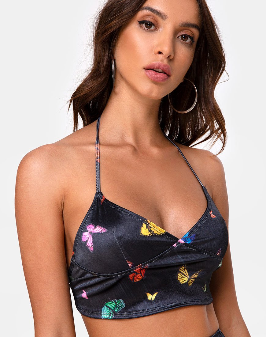 Image of Dyla Top aus schwarzem Satin Butterfly