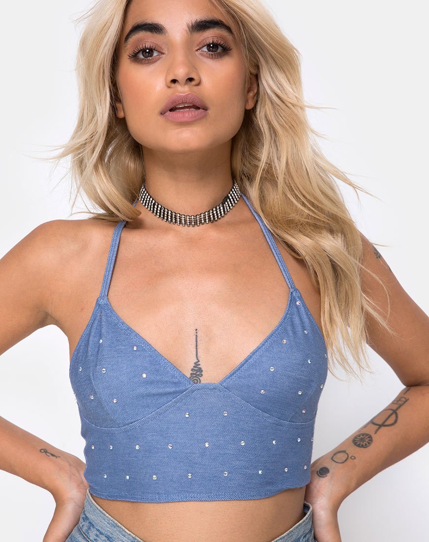 Dyla Crop Top aus blauem Denim Hot Fix