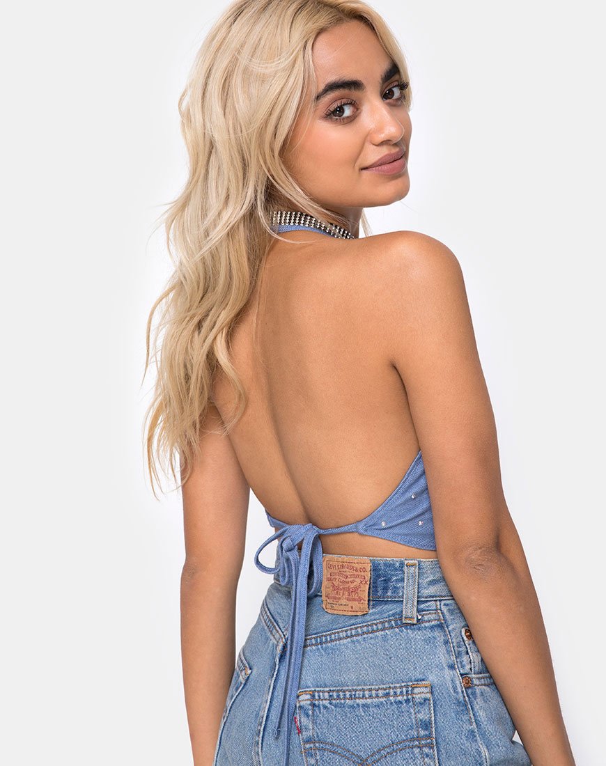 Dyla Crop Top aus blauem Denim Hot Fix