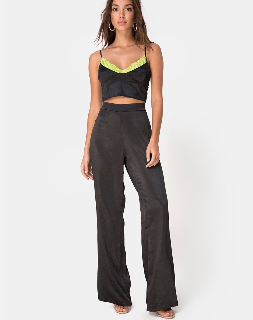 Image of Dyrilla Top in Satin Schwarz mit Limettenspitze