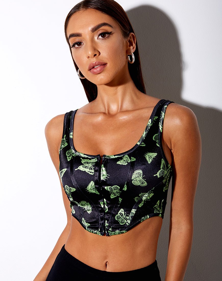 Image of Elci Korsett-Top in Schwarz Schmetterling Limette