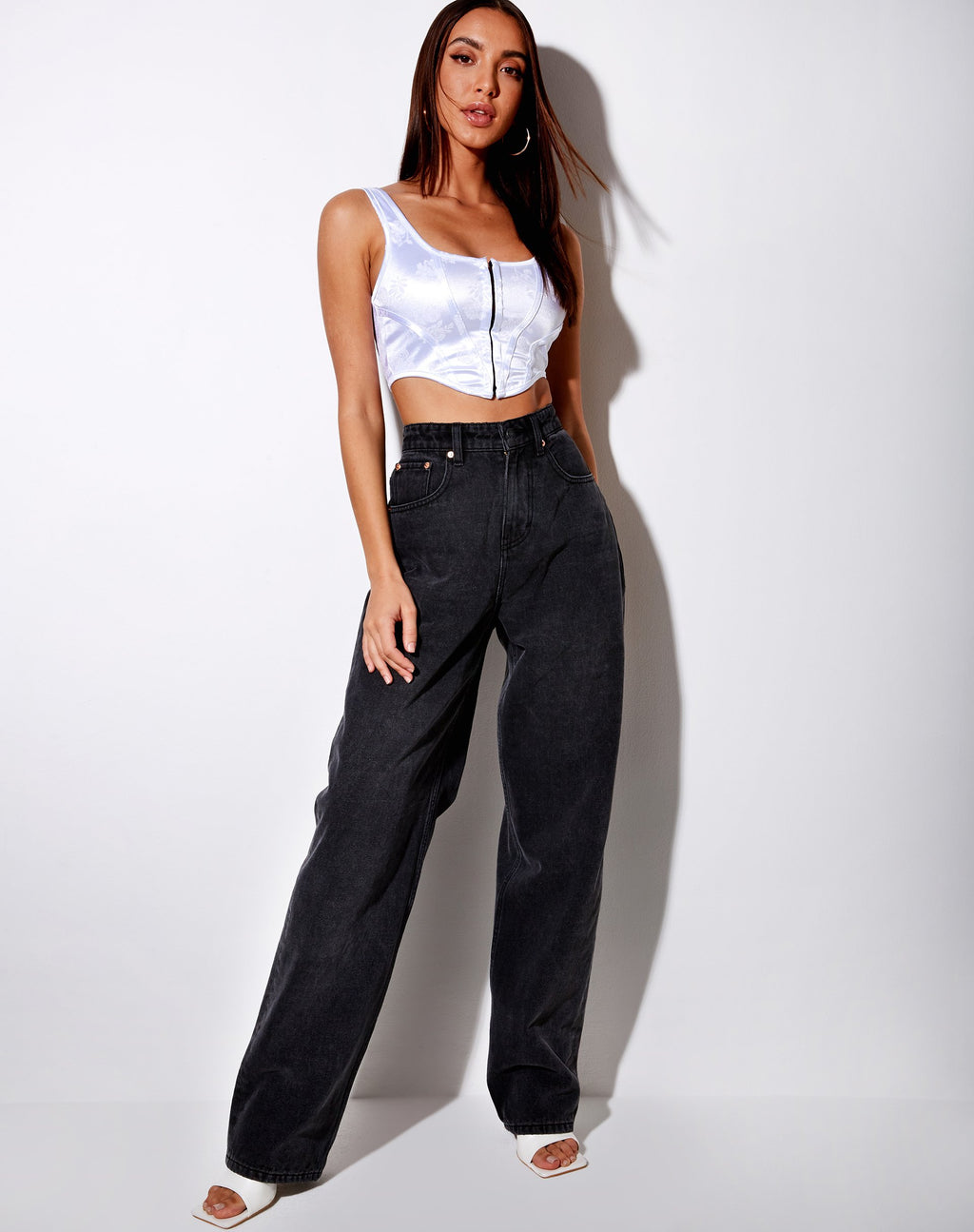 Elci Korsett-Top aus weißem Tonal-Floral-Flocking