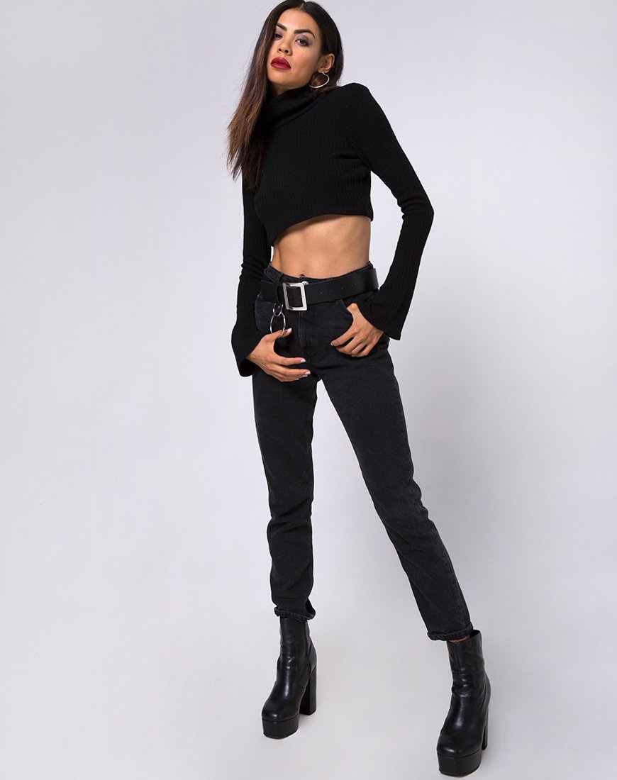 Image of Elena Crop Top aus Rippenstrick Schwarz