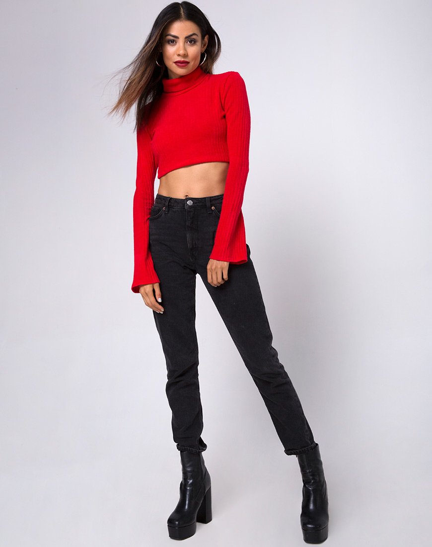 Bild von Elena Crop Top aus Rippenstrick Rot