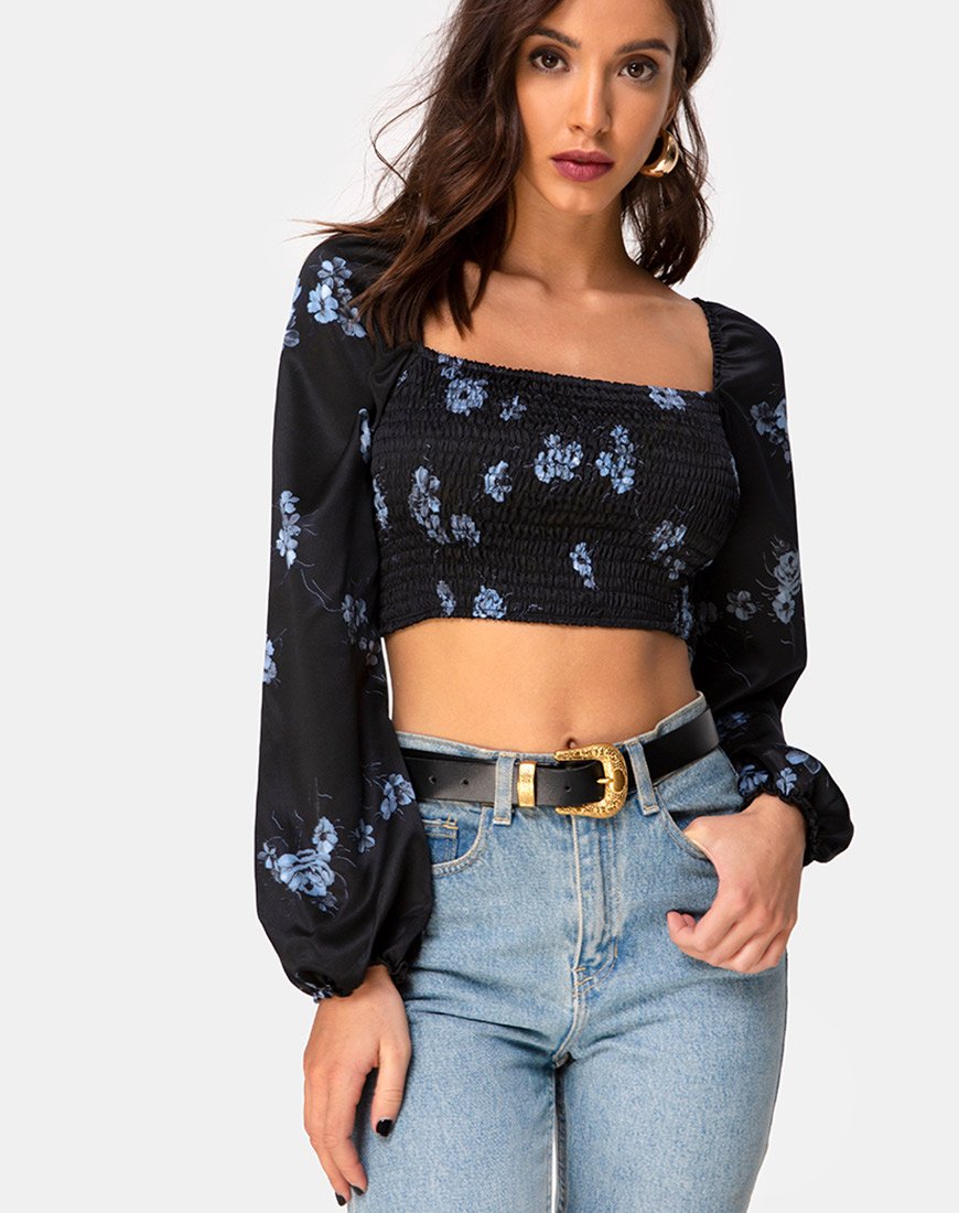 Elina Top aus Satin Schwarz Mono Flower