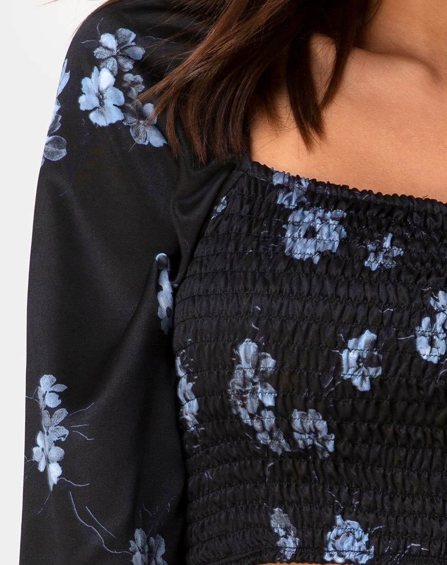Image of Elina Top aus Satin Schwarz Mono Flower