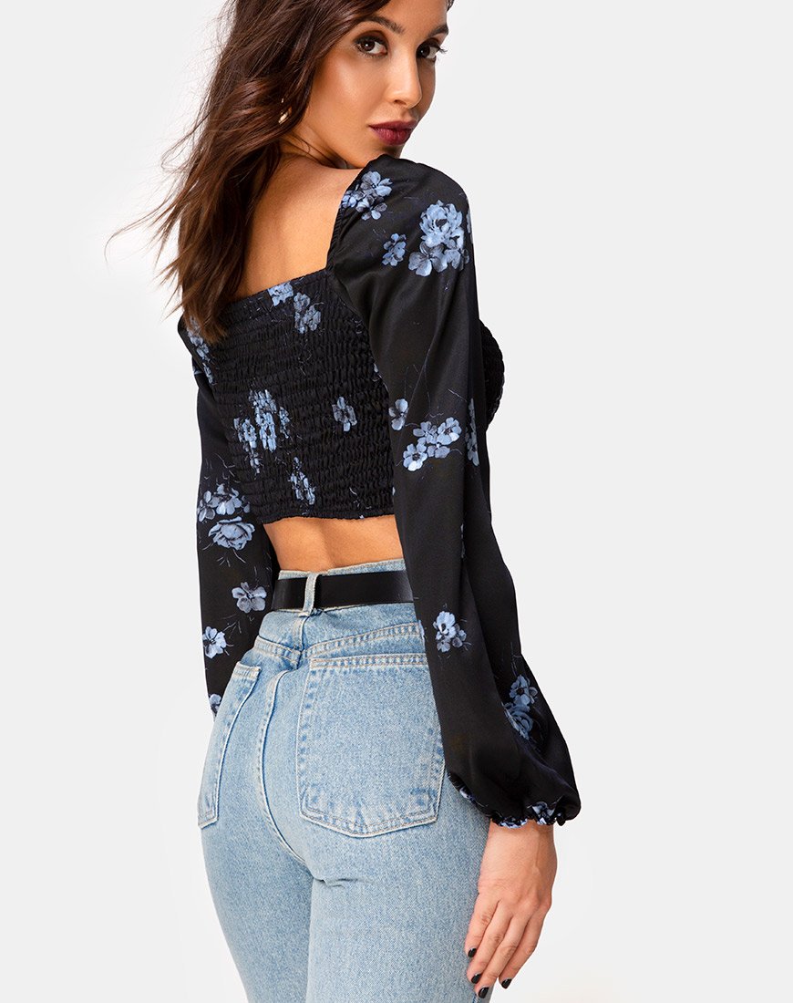 Elina Top aus Satin Schwarz Mono Flower
