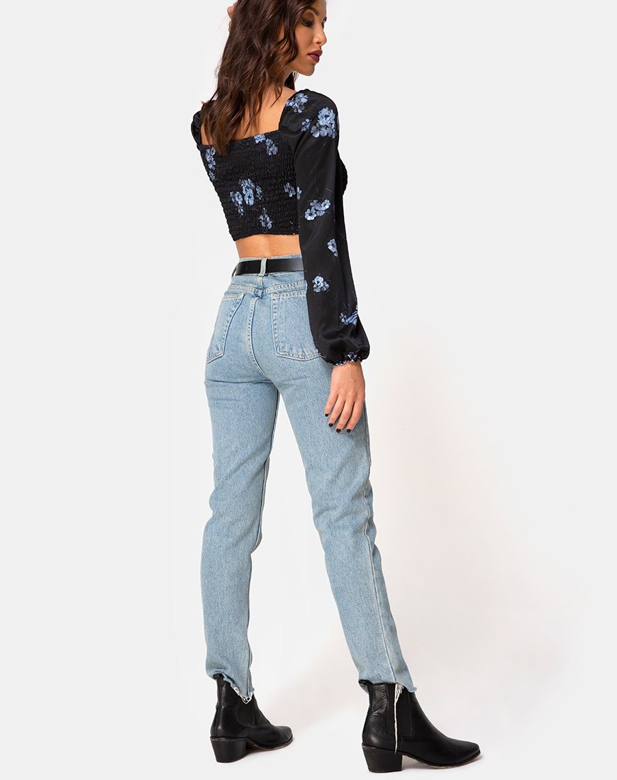 Image of Elina Top aus Satin Schwarz Mono Flower