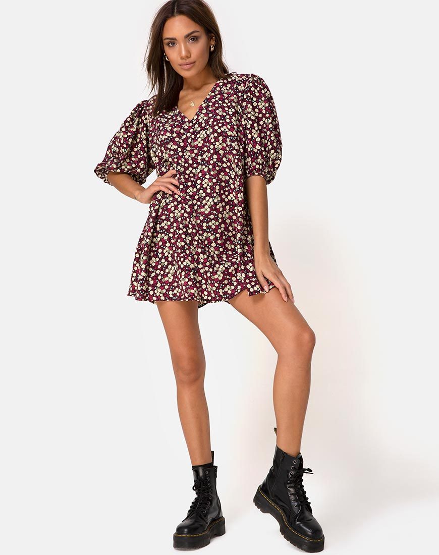 Bild von Elna Babydoll Kleid in Floral Field Pflaume