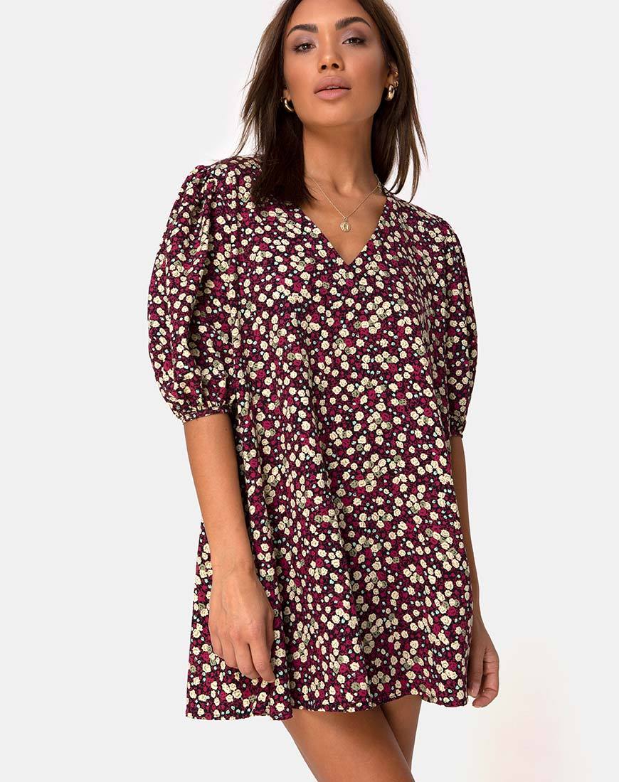 Elna Babydoll Kleid in Floral Field Plum