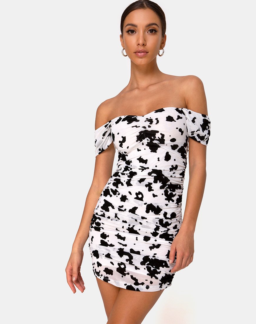 Image of Ennete Off The Shoulder Kleid in Flock Dalmatiner Schwarz und Weiß