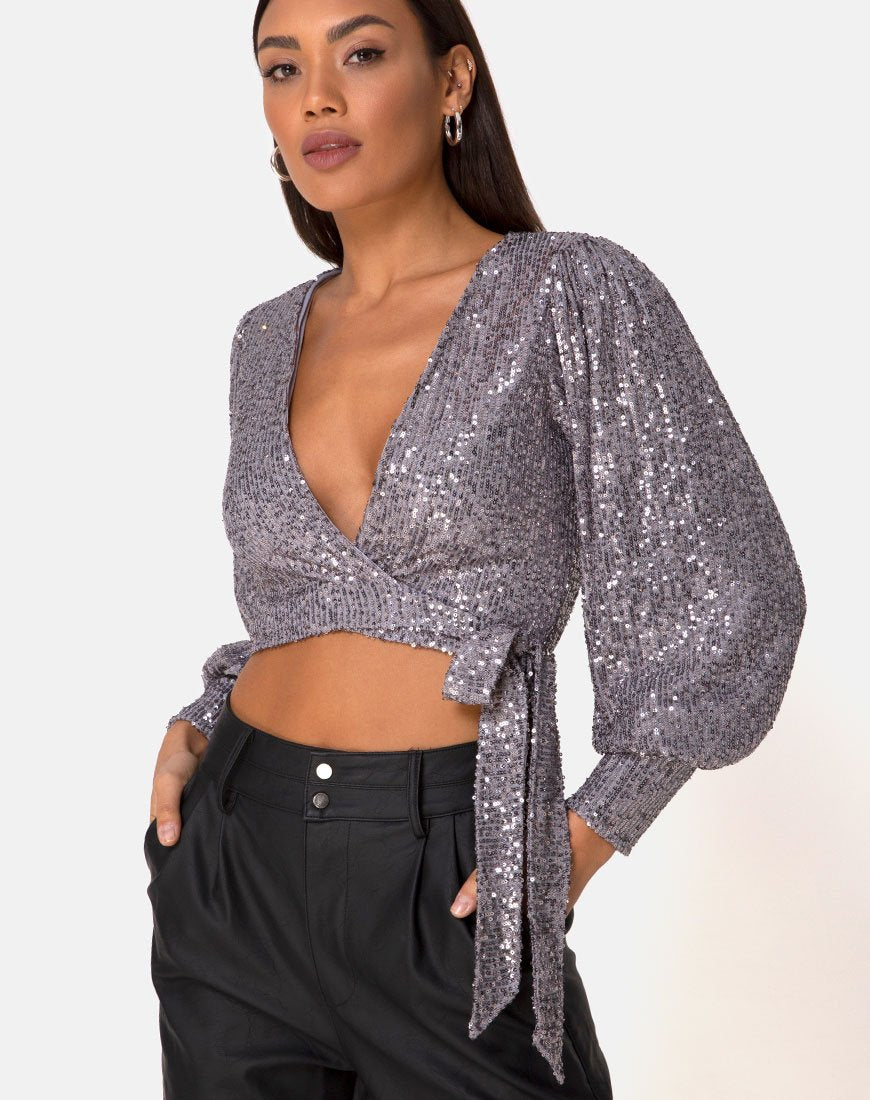 Image of Erina Langarm-Top aus Drapennetz Silber