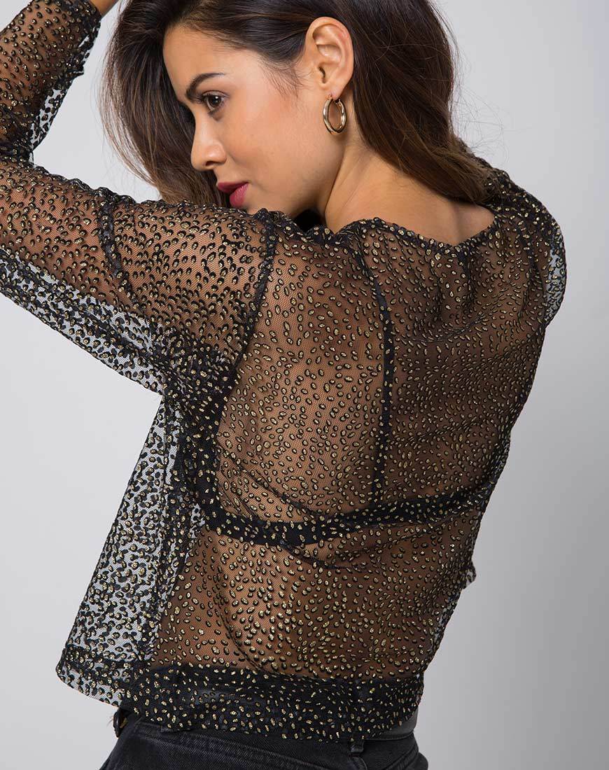 Ether Langarm-Top aus Glitzernetz Animal Black