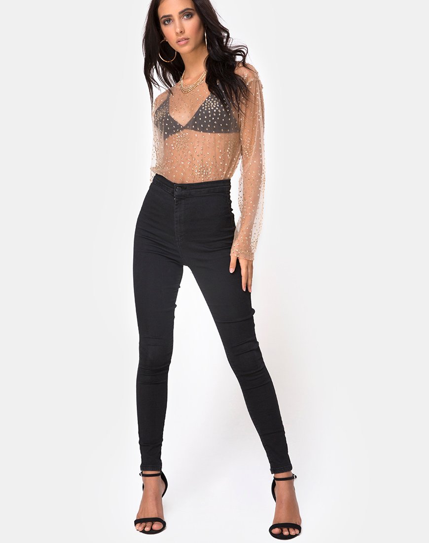 Image of Ether Langarm-Top in Gold Glitter auf Netz Tan