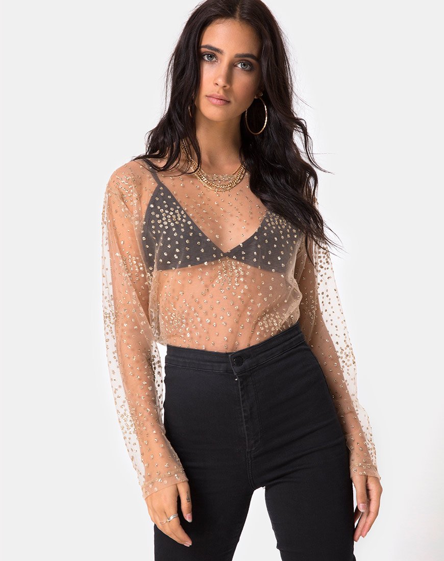 Ether Langarm-Top in Gold Glitter auf Netz Tan